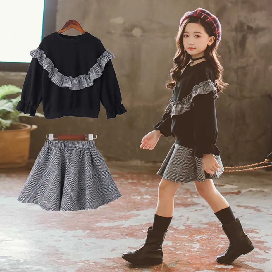 Детская одежда для девочек Толстовка + юбка 2 шт. Лоскутная клетчатая Одежда