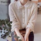 2021 Осенняя Милая шифоновая блузка для женщин с воротником Питер Пэн Женская рубашка с длинным рукавом Женские рубашки в Корейском стиле Топы Блузы 10351