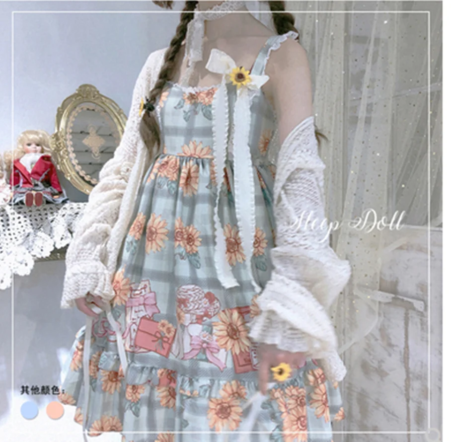 

Японское милое платье лолиты с рюшами для косплея JSK, винтажное милое кружевное платье с высокой талией и бантом, с принтом jsk kawaii, готическое...