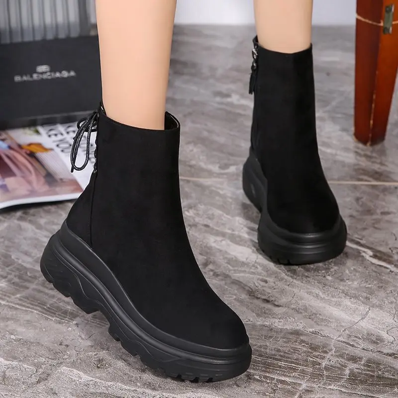 

2020 Autumn New Women Fashion Boots Flat Increased with Suede Sneakers for Women Casual Trend Vulcanized Shoes Brown