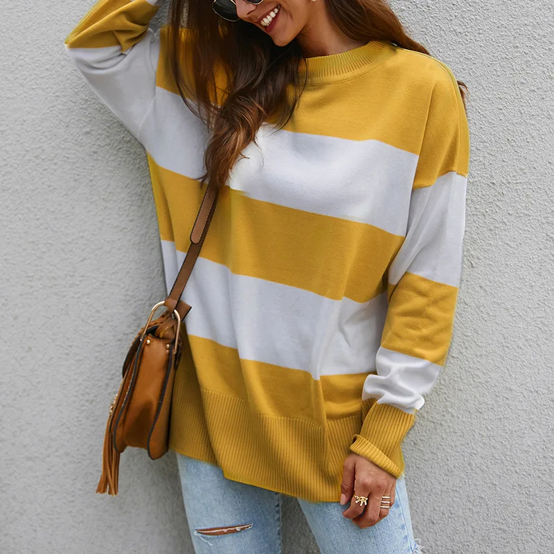Женский полосатый пуловер вязаный свитер с круглым вырезом и длинным рукавом