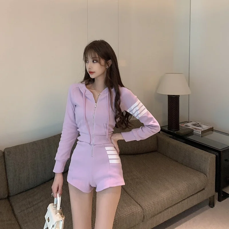 

Fashion Tracksuit Summer Short Hoodies & Shorts Two Piece Sets Summer Sunscreen New Pink Long-sleeved Crop Top 2 Piece Suits