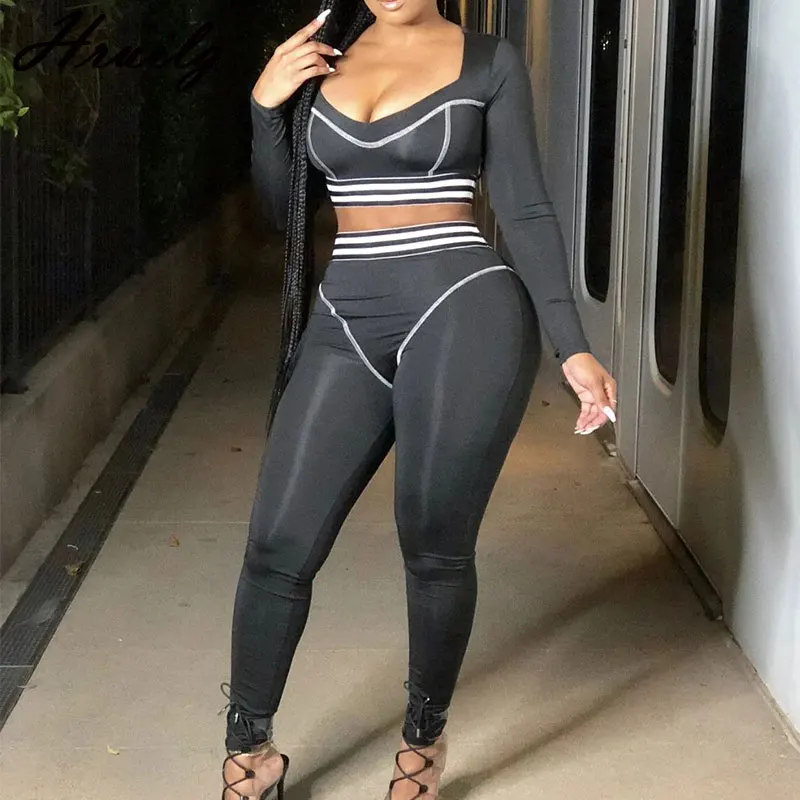 

Lounge Set Black Crop Tops&woman Pants Sets for Women Color Matching Running Fitness Autumn Party Club Outfits for Women