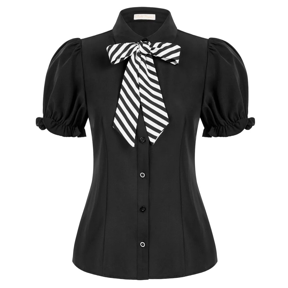 Фото Женская Офисная рубашка с бантом пуговицами и коротким рукавом | одежда