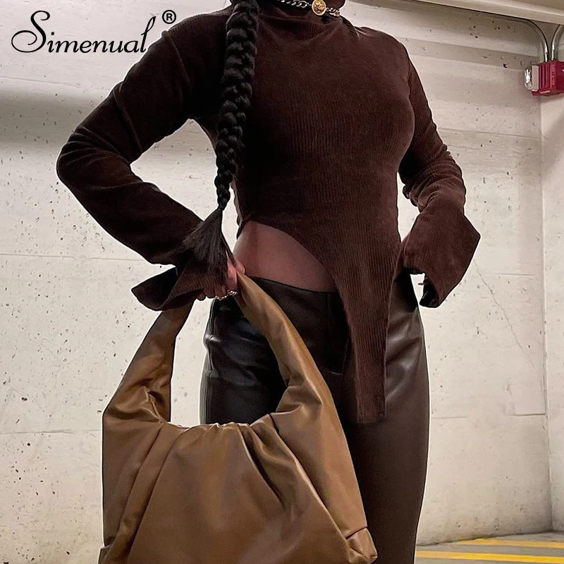 

Simenual Corduroy Asymmetric Tops Split Mock Neck Long Sleeve Brown Baddie Clothes Streetwear Sknniy Tight Crop Top 2021 T Shirt