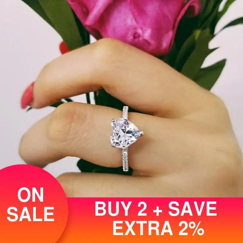 

real 925 Sterling Silver Ring Finger heart shape promise fashion Ring for girl love Women Jewelry Wedding Engagement R4597S