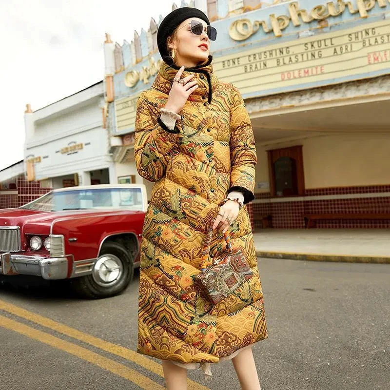 

Printing Cotton Clothes Women's Winter 2021 Fashion Retro Fur Collar Splicing Coat Mid-Length Slim Solid Color