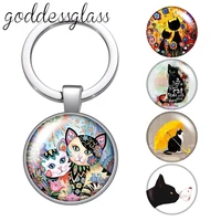 colorful painting cats love cat pet lovely round glass cabochon keychain bag car key chain ring holder charms keychains gifts