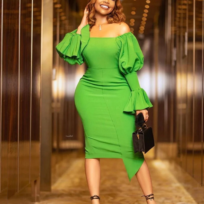 

Woman Dress Vintage Puffy Sleeve Bare Shoulder Backless Slim Fit Dress Elegant Ladies Spring Summer Green Midi Pencil Dress