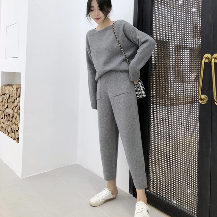 Gray Autumn Winter Knitted Set Women Thick Warm O-Neck Loose Knit Suit Slim Pocket Harem Pants Oversized Casual Elegant Black Clothes - Цвет: Gray