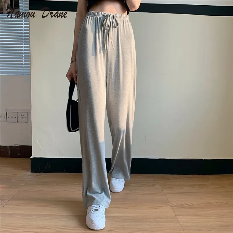 

2021 Stretch High Waist Wide Leg Pants Women Casual Loose Sweatpants Female Solid Color All-match New Chic Pantalones Femme