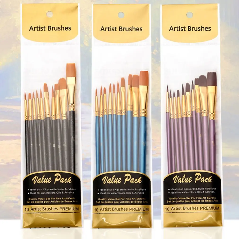

Artist Nylon Paint Brush Professional Watercolor Acrylic Wooden Handle Painting Brushes Art Supplies Stationery 10 pcs Hot Sell