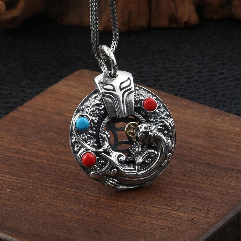 Подвеска унисекс из серебра 100% пробы с бирюзовым кулоном|Подвески| |