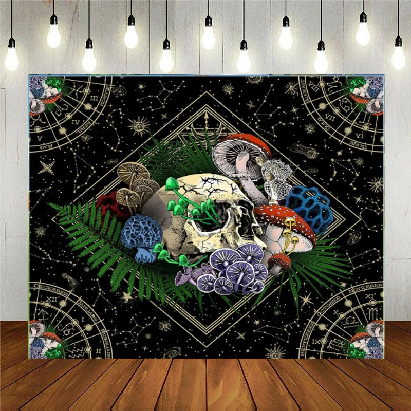 

Виниловый фон для фотосъемки с изображением черепа красочных грибов созвездий черного звездного Триппи настенный декоративный плакат для ...