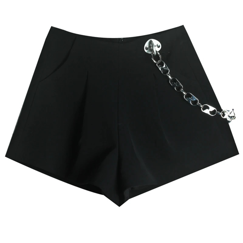

[EAM] Women Black Big Size Chain Wide Leg Shorts New High Waist Loose Fit Trousers Fashion Tide Spring Summer 2021 1DD6585