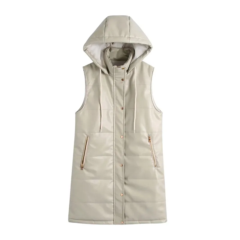 Женский Длинный жилет из искусственной кожи с капюшоном на молнии | Женская