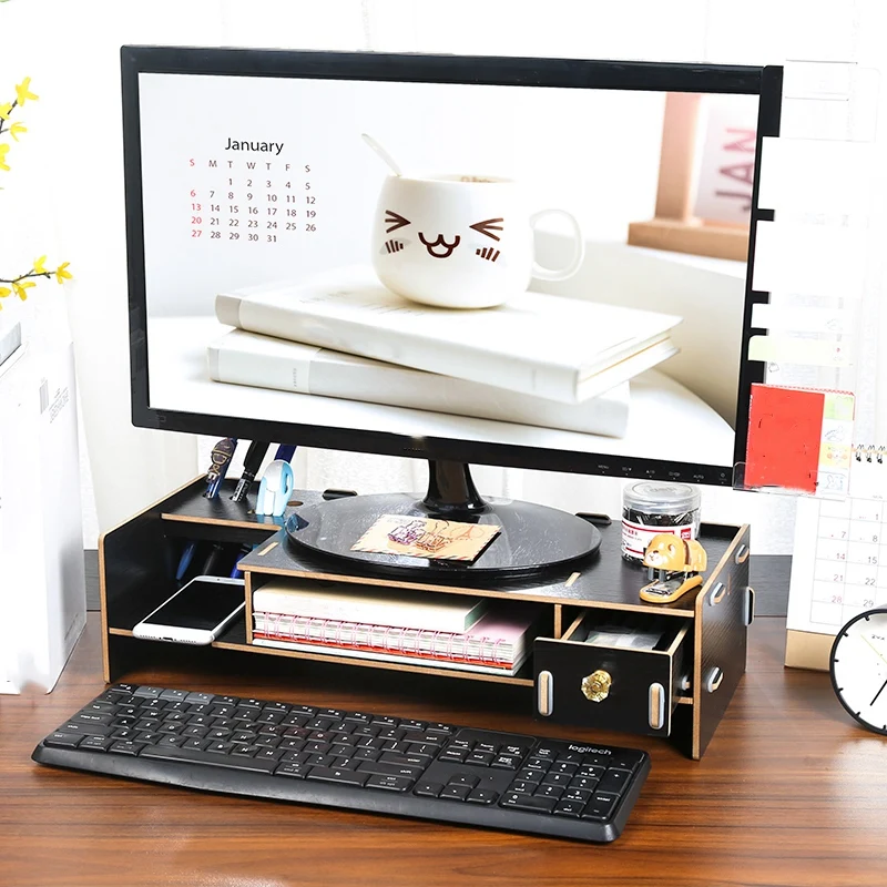 Wooden Monitor Stand Riser Computer Desk Organizer with Keyboard Mouse Storage Slots for Office Supplies School Teachers 
