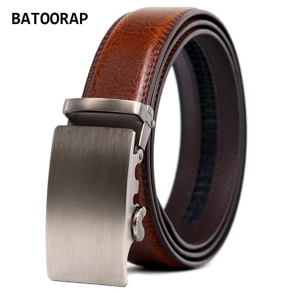 

Leather Ratchet Belt For Men High Quality Gray Metal Automatic Buckle Business Waist Strap Male Cowhide Brown Belts 44"-52"