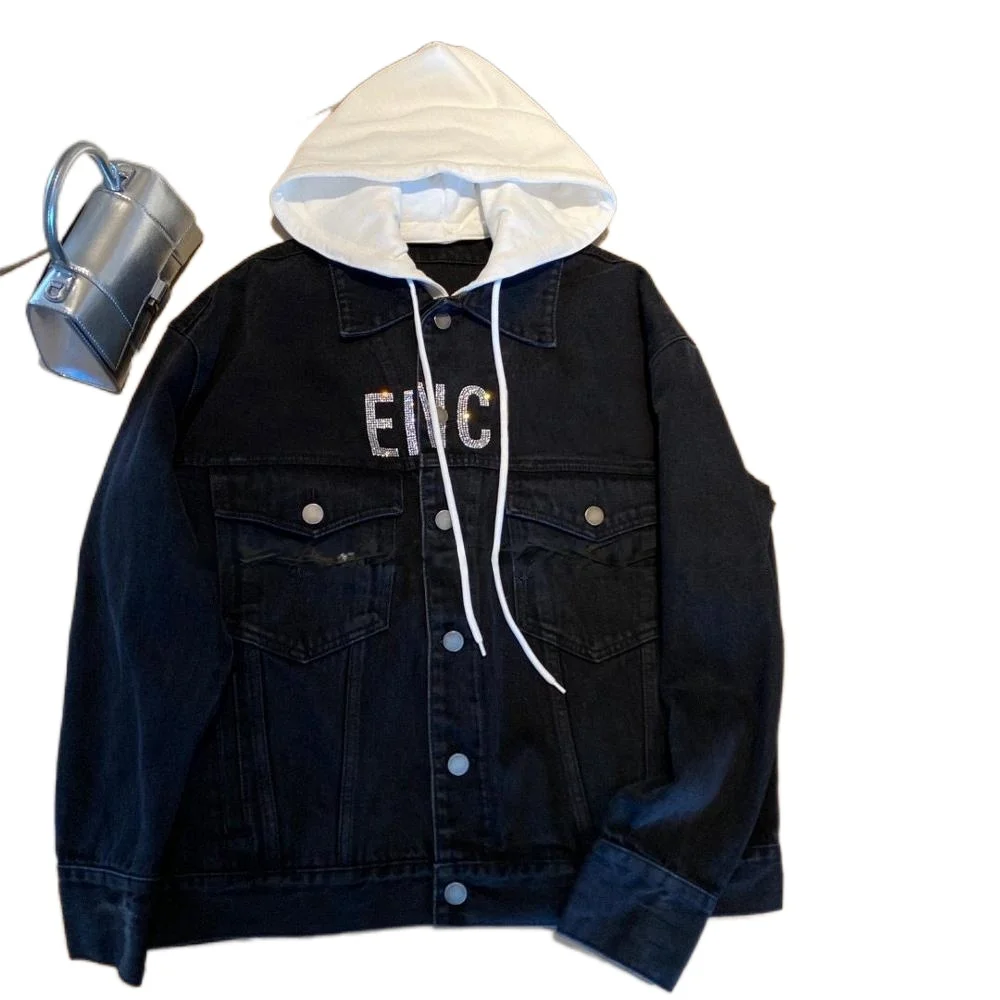 

Handsome Loose Streetwear Denim Jackets Women 2021 New Spring Removable Hooded Sequins Letter Jackets Lapel Casual Coat Outwear