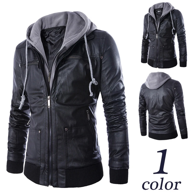 

Newest Sportswear Hiking Jacket Men's Hooded PU Leather Jackets False Two Men's Motorcycle PU Leather Coats Zipper Pocket