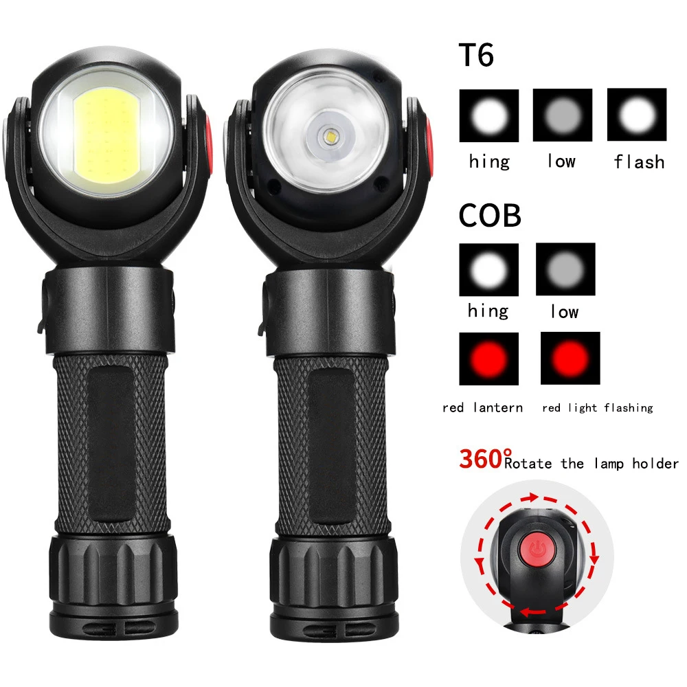 

360 Degree Led Flashlight T6+COB Torch Waterproof 7modes double switch with magnet Mini Outdoor lantern 18650 or 26650 battery