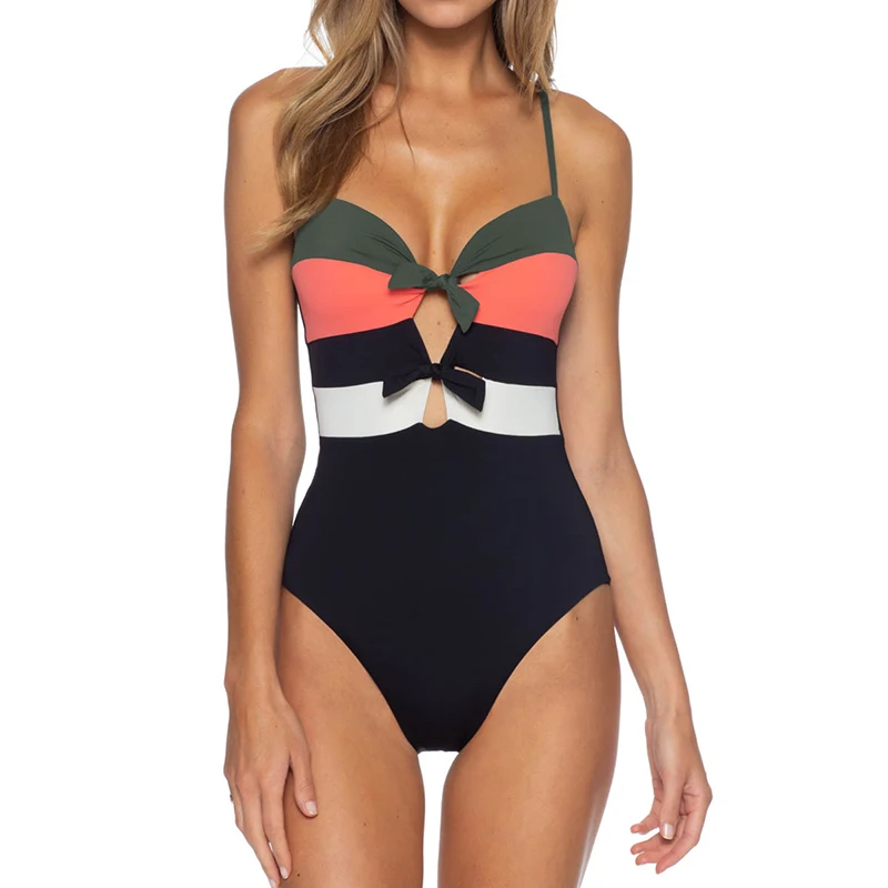 

Monokini Swimsuit for Women Bandeau Tie Hollow Out One piece Swimwear Patchwork Backless Beachwear Bathing Suit Femme Plus Size