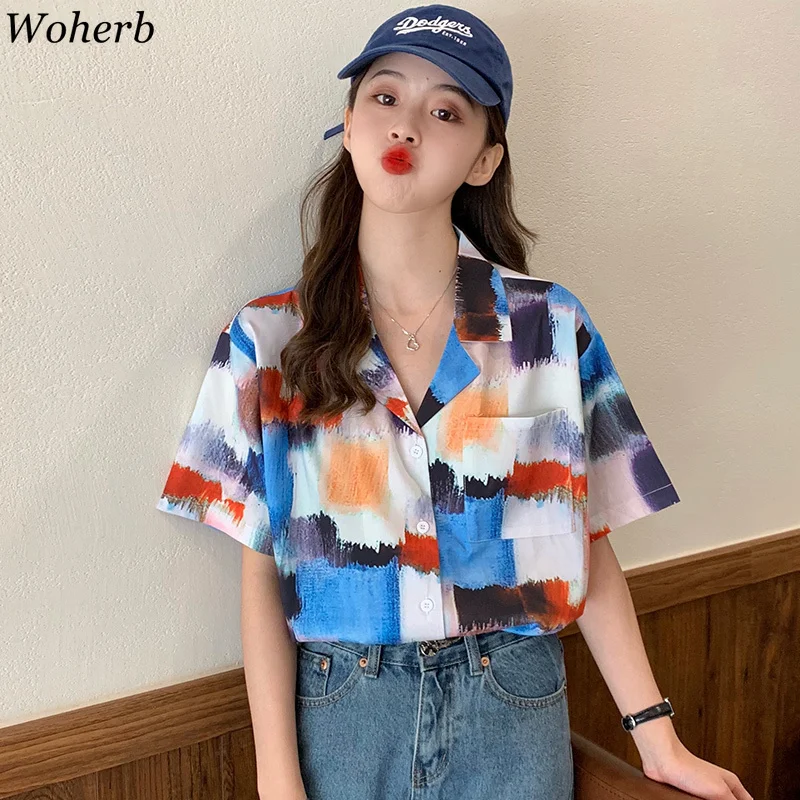Блузка woherb Женская в клетку с принтом тай-дай Свободный Топ коротким рукавом