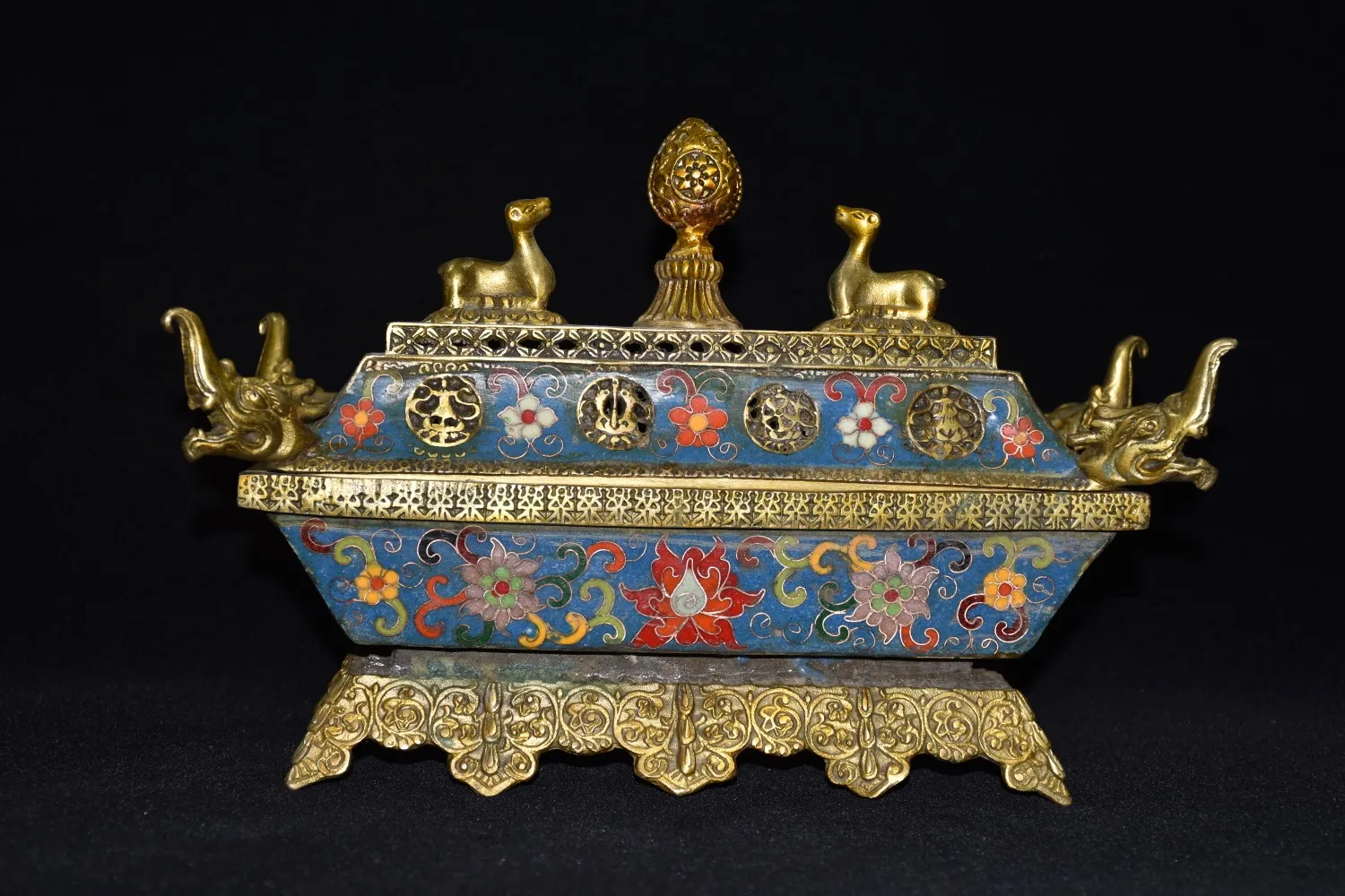

11"Chinese Folk Collection Old Bronze Cloisonne Enamel Four dragon head statue Square incense burner Office Ornaments Town House