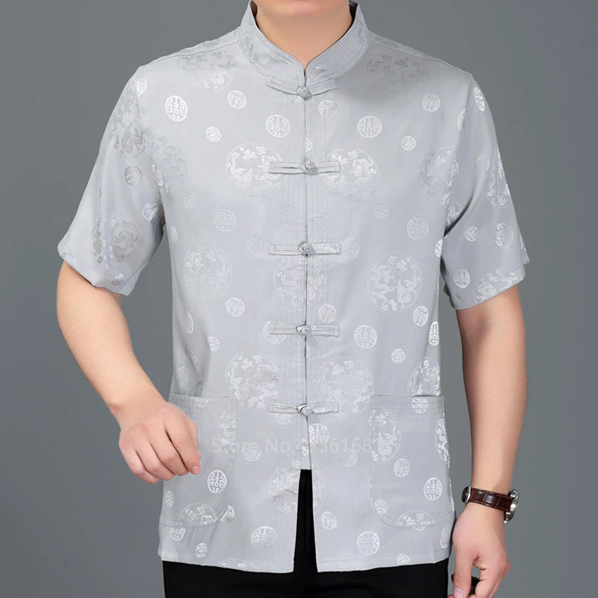 Китайский топ атласный Шелковый костюм Тан с коротким рукавом винтажный