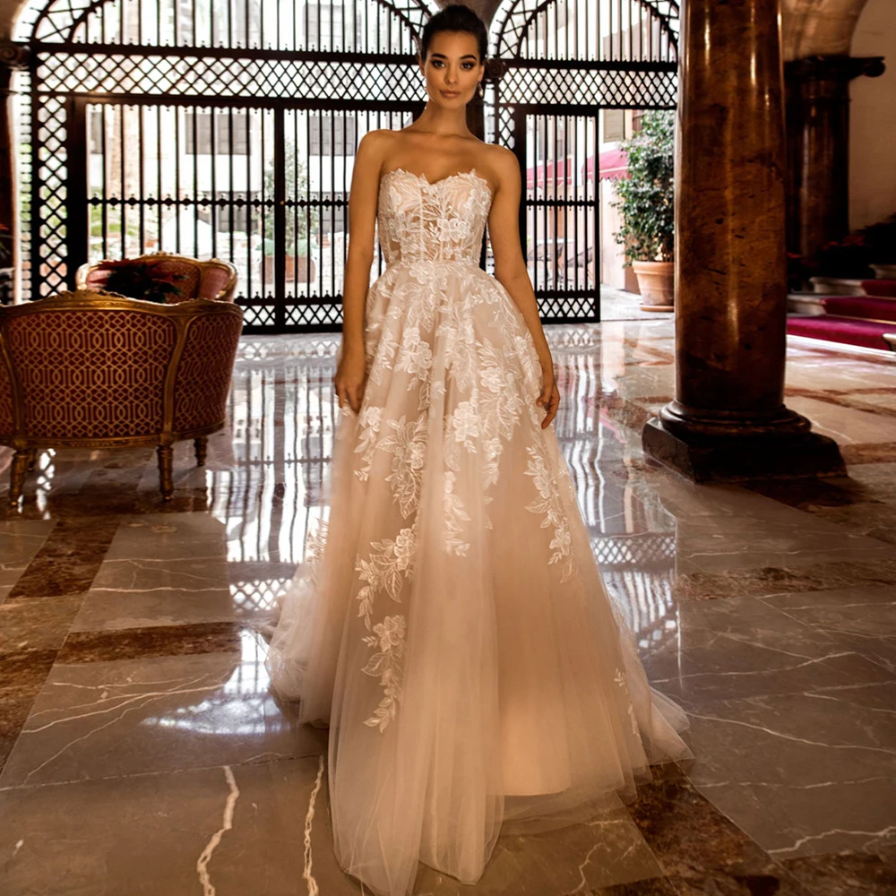 Gorgeous Strapless Lace Wedding Gown Appliqued Champagne Bridal Dress 2020 Robe de Mariee Customized Corset Bride | Свадьбы и