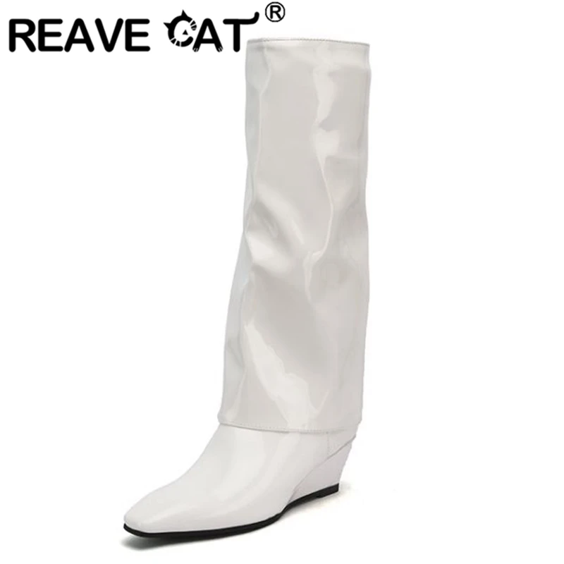 

REAVE CAT Fashion Knee High Boots Ladies Square Toe Wedges Heels Zipper Large Size 33-45 Solid Black White Autumn Novelty S2748