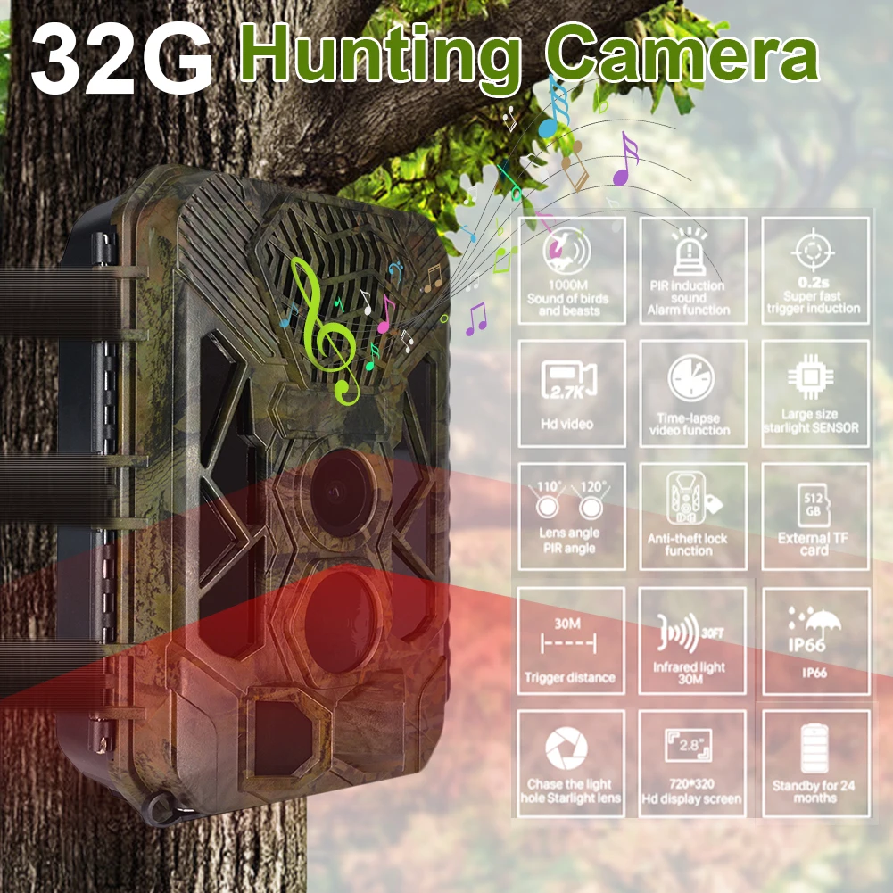 

32G Outdoor Hunting Camera HD 1080P Trail Camera Night Vision Motion Activate Hunting Cam With Animal Sound Wildlife Monitoring