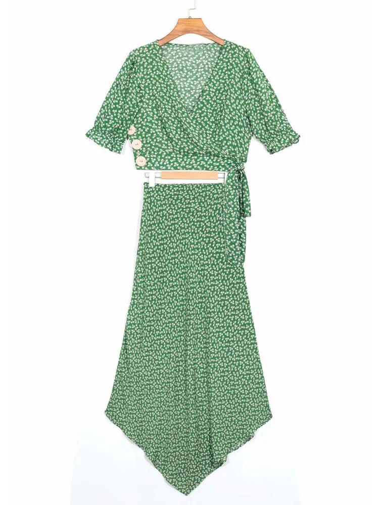 

high waist print green women set v neck short sleeve crop top elastic waist asymmetrical long skirt summer beach set women