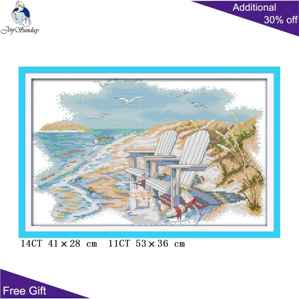 

Joy Sunday Beach Needlepoints F665 14CT 11CT Counted and Stamped Home Decor A Quiet Beach Embroidery DIY Cross Stitch Kits