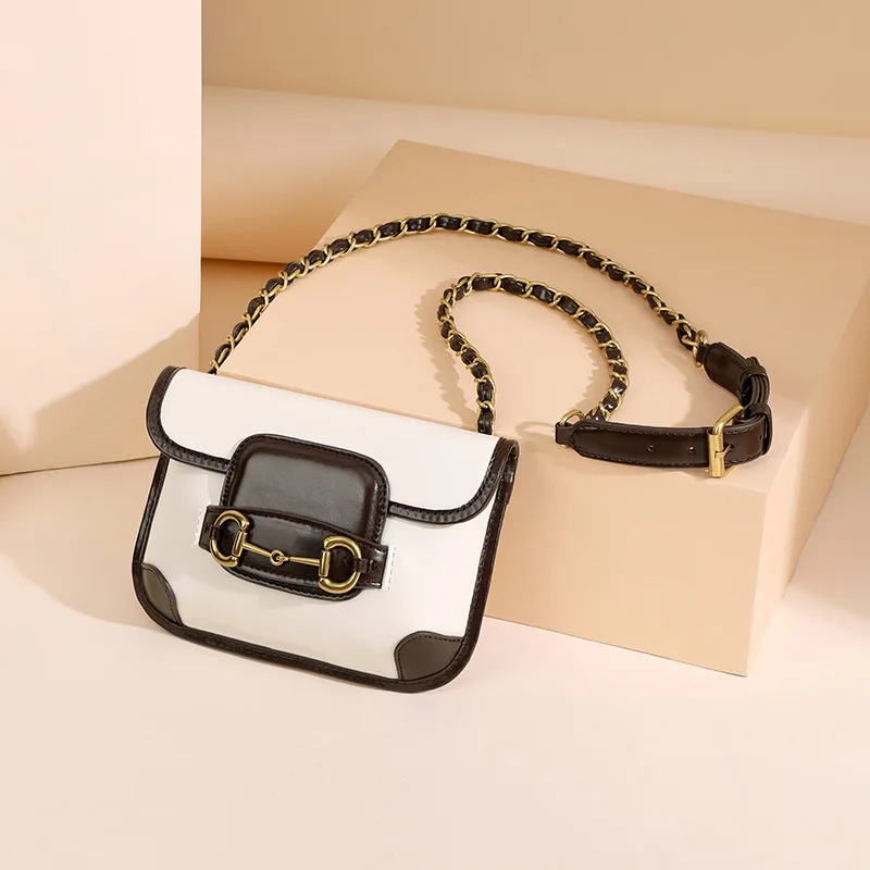 

New Fashion Shoulder Bags For Women Contrast Color Flap Hasp PU Leather Versatile Saddle Crossbody Bag Lady Casual Chain Bags