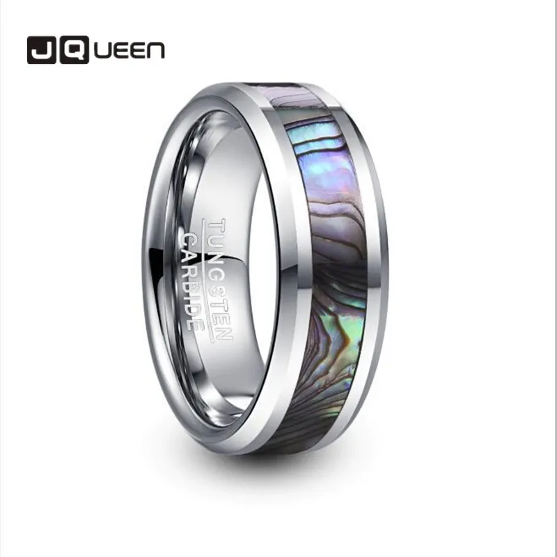 

JQUEEN 8mm Tungsten Carbide Ring Wedding Band Steel Color Inlaid Abalone Shell Tungsten Steel Ring Men's Ring T231R