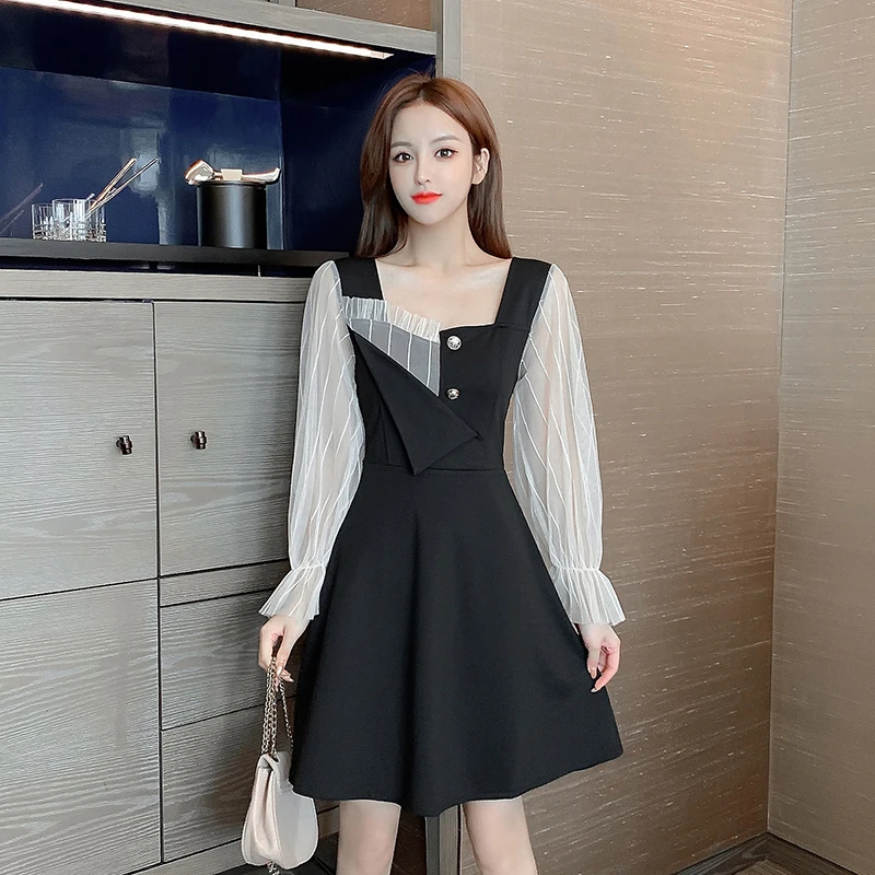 

COIGARSAM Patchwork Women one-piece dress korean New Full Sleeve Mesh High Waist Dresses Black 6201