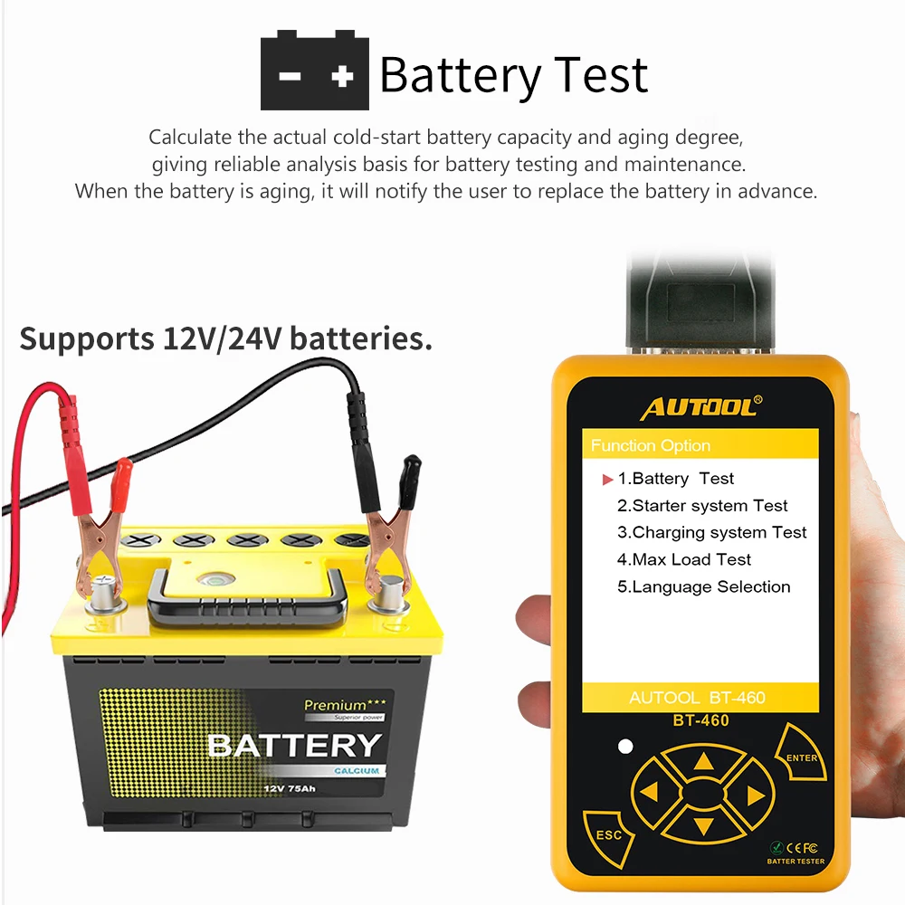 Mr Cartool BT460 автомобиля Батарея Тестер 12V 24V клеток анализатор транспортное средство диагностики автомобиля свинцово-кислотная на тонкопленочных транзисторах на тонкоплёночных транзисторах CCA красочные Дисплей