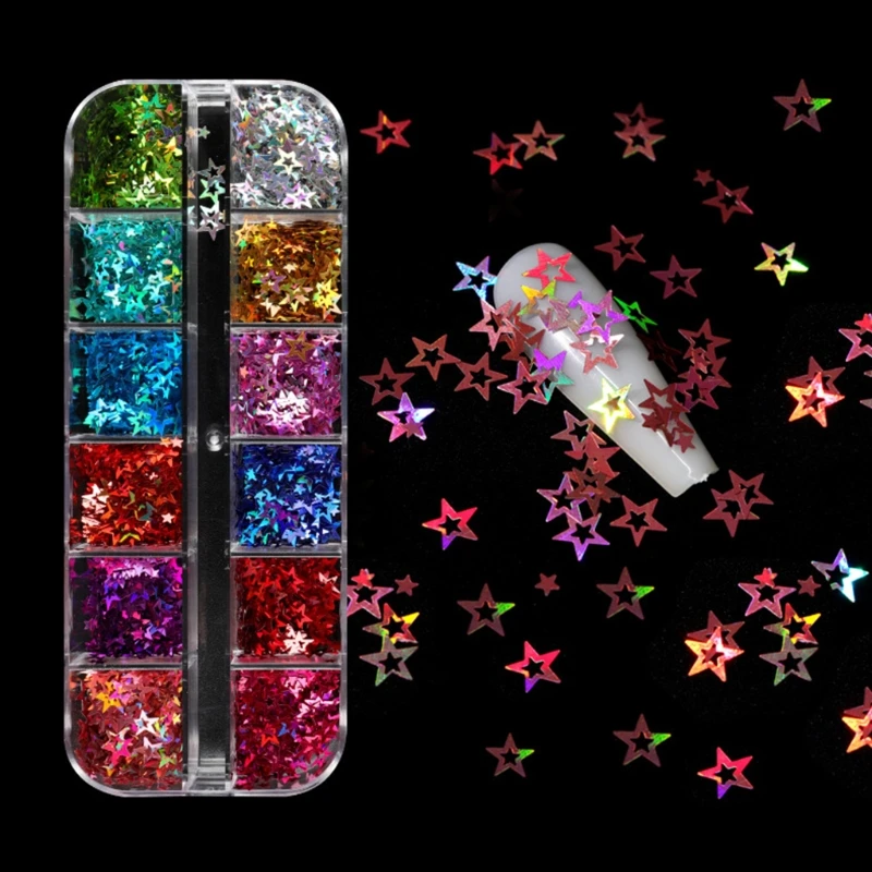 

12 Grids/Box Holographic Glitter Hollow Stars Shape Sequins Epoxy Resin Filling