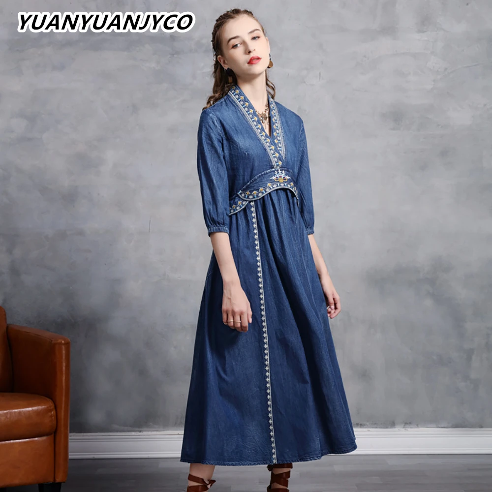 

YUANYUANJYCO Spring Autumn Women Mid-Calf Length Indie Folk Denim Dress LYQ40 Vintage Embroidery Floral Half Sleeve Long Clothes