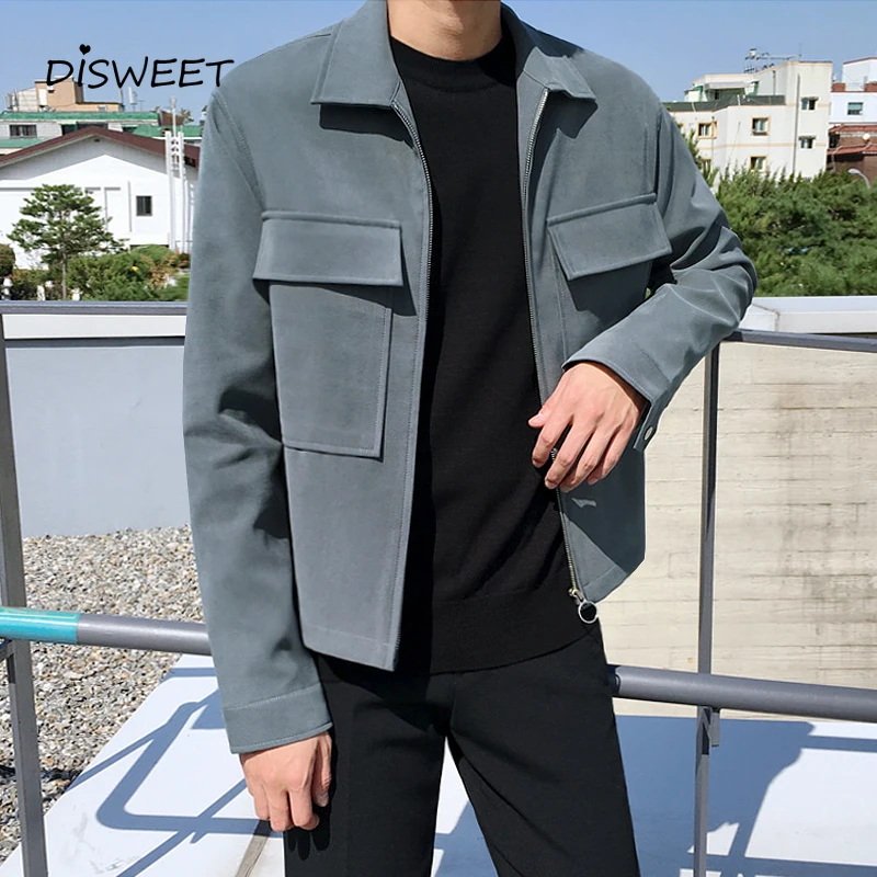 

Solid Lapel Jacket Men Korean Long Sleeve Loose Warm Coat Men's Simple Slim Zipper Big Pocket Jacket Boy 2022