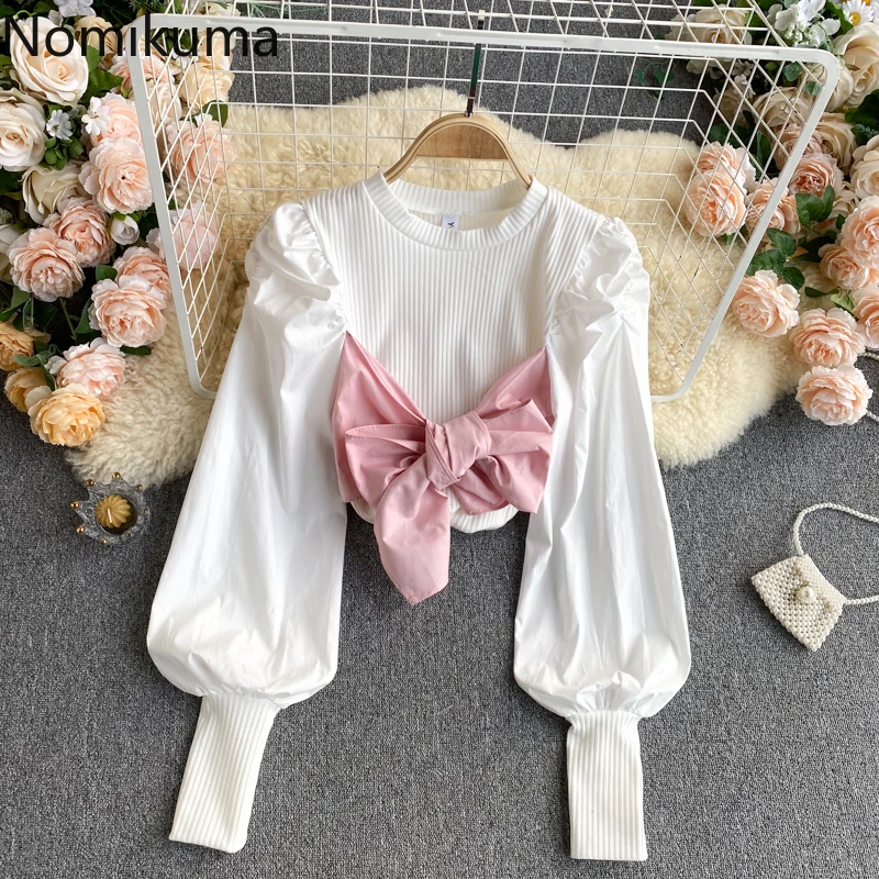 

Puff Sleeve Patchwork Blouse Tops Bow Bandage Slim Women Shirt Korean 2021 Spring New Sweet Pullover Blusas