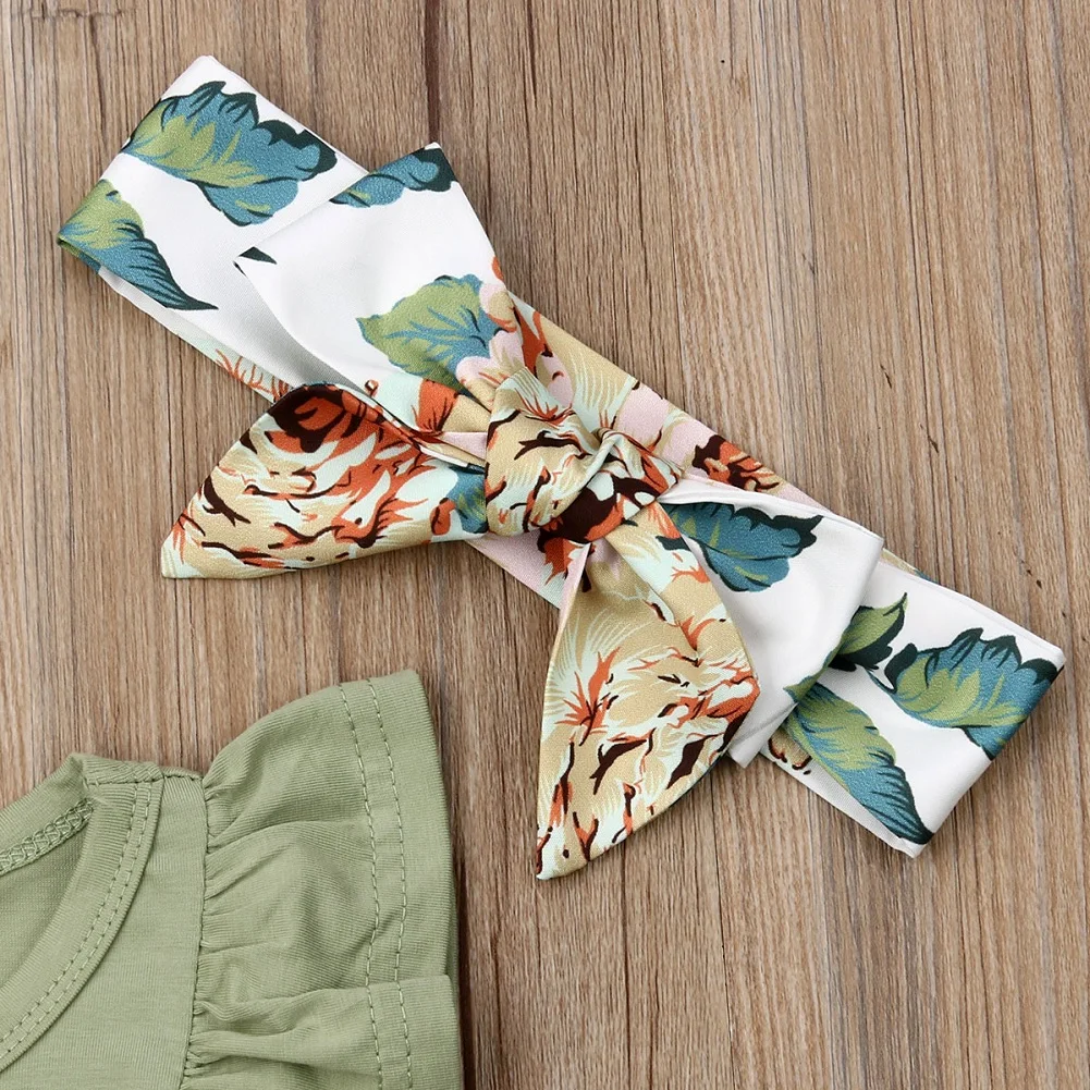 2019 Toddler Newborn Infant Baby Girls Clothes Set Ruffle Sleeveless Bodysuit Green Floral Shorts Headband Clothing Outfit 3PCs |