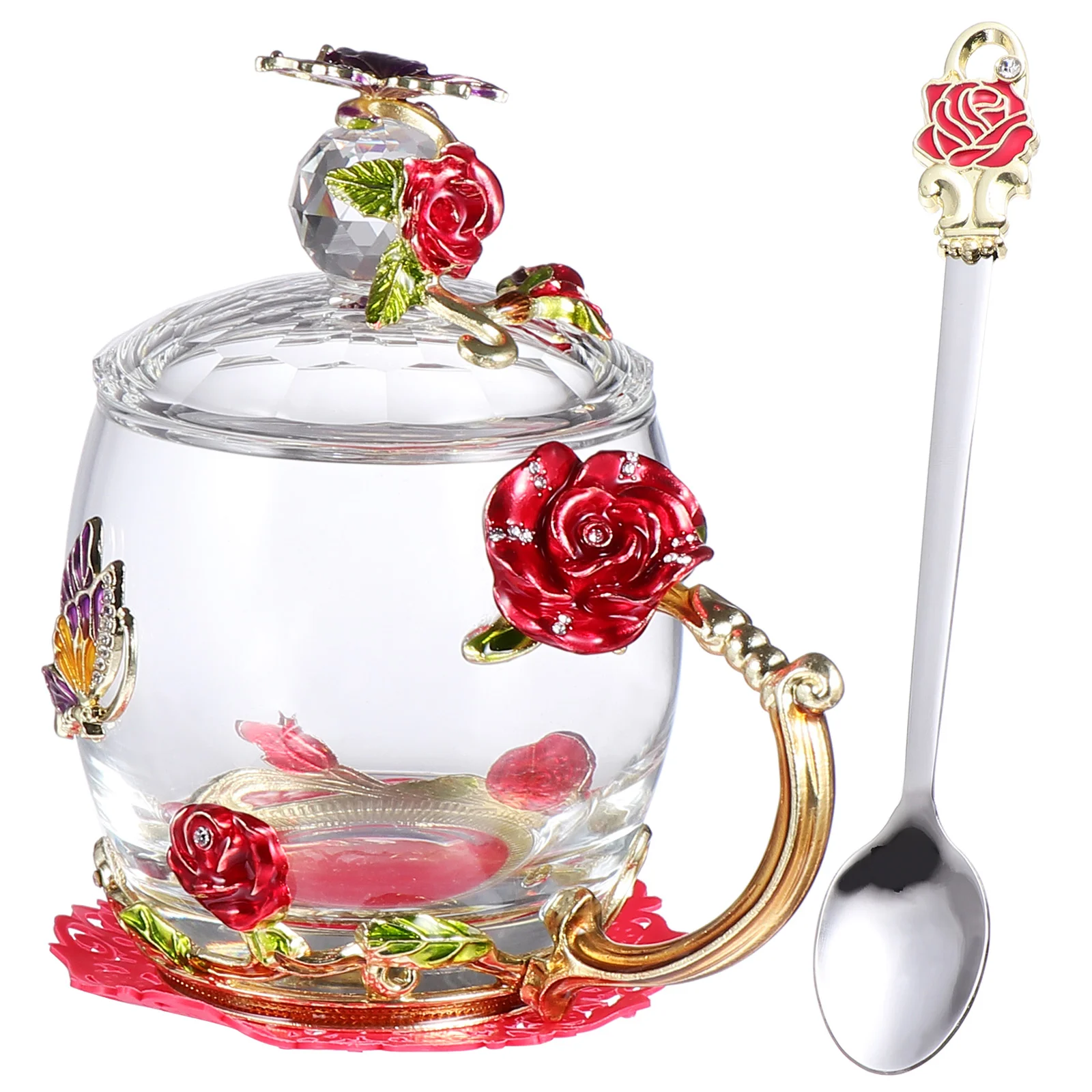 

Fashion Enamel Water Cup Set Home Flower Design Glass Mug Set (Short Red)