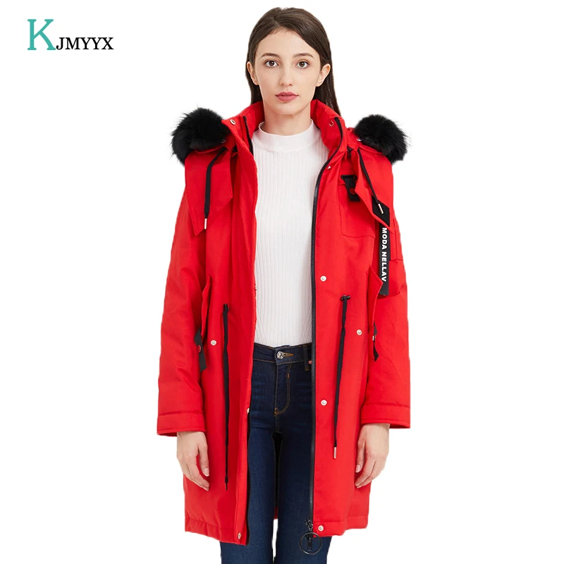 KJMYYX Большая куртка из гусиного пуха с воротником натурального меха капюшоном