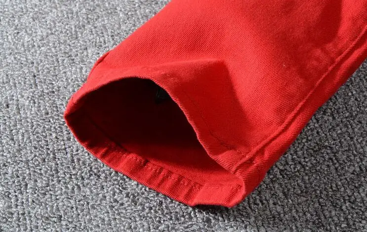 

New men's male autumn winter style American street fashion casual stitching red jeans slim motorcycle denim pants trousers 1068