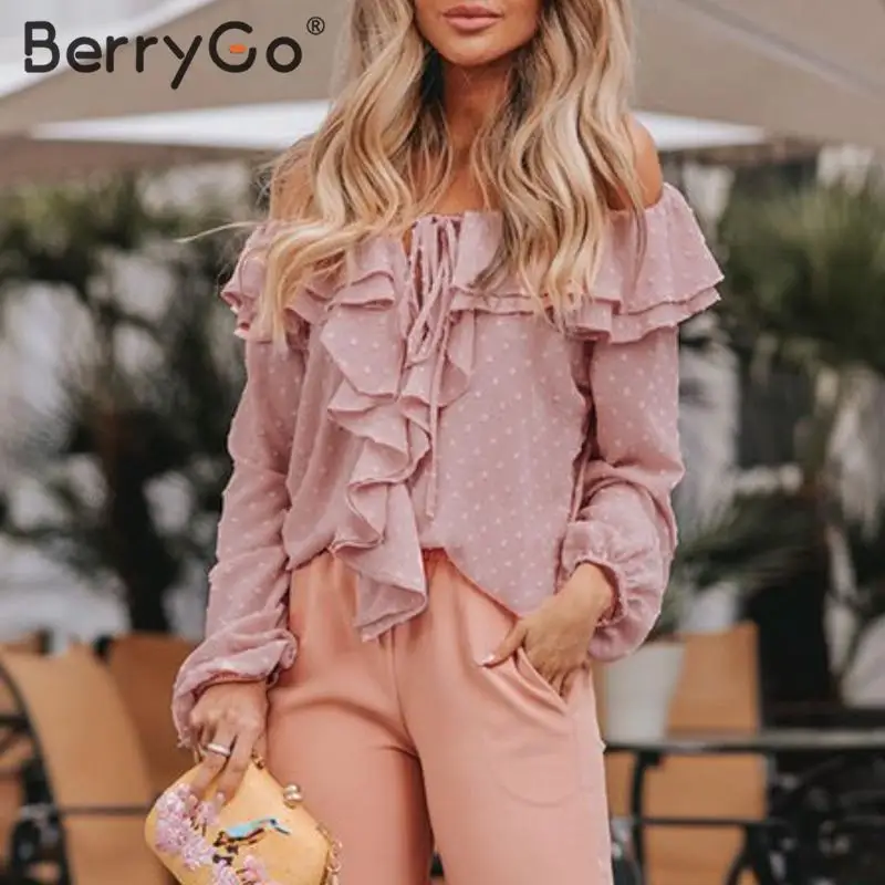 Женская блузка с открытыми плечами BerryGo элегантная Праздничная оборками
