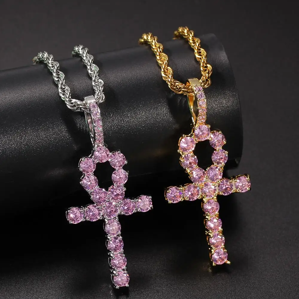 

Men Hip hop iced out Ankh cross pendant necklaces High quality Pink AAA Zircon vintage charm necklace Hiphop jewelry for unisex