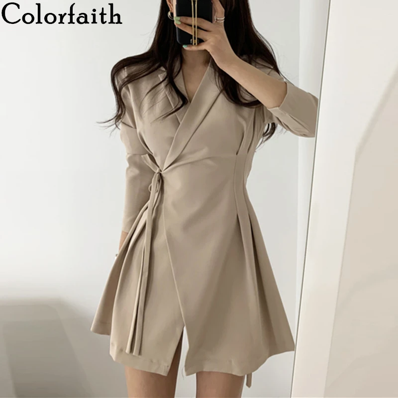 Платье мини женское однотонное с V образным вырезом и бантом|Женские платья| |