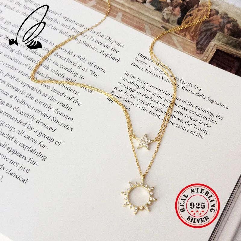 Звезды Солнце слоистых ожерелье Подвески 925 пробы серебряная с золотом цепь